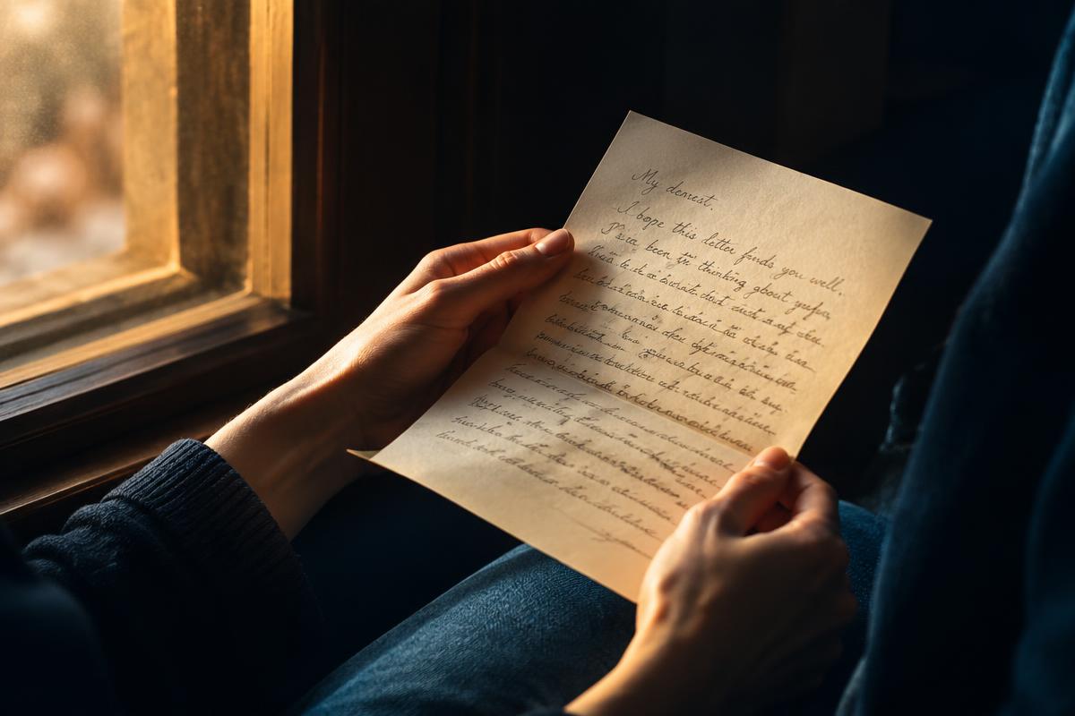 Hands reading a handwritten letter in warm morning light