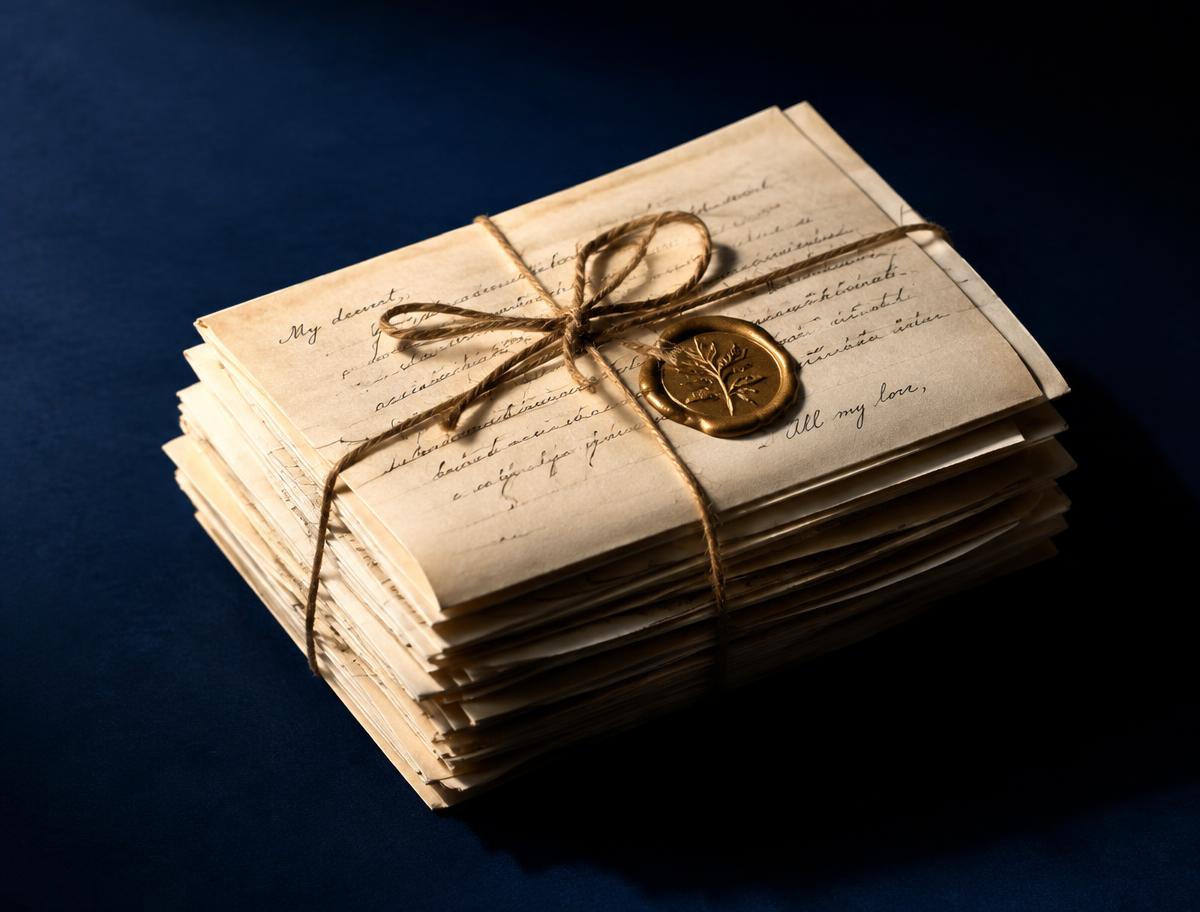 A stack of handwritten letters tied with twine and sealed with gold wax